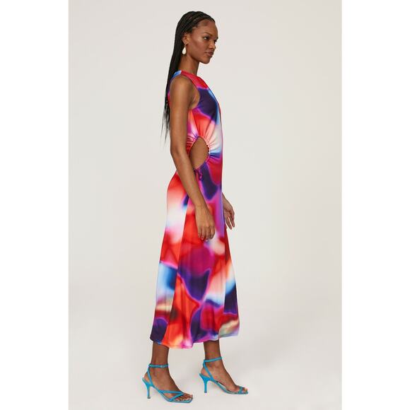 REBECCA VALLANCE Red White Side Waist Cutouts Del Prado Midi Dress size 8 - Picture 16 of 16